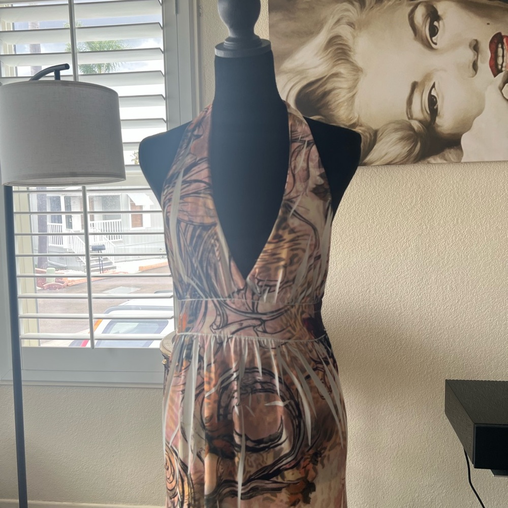 Sleeveless Halter Abstract Print Maxi Dress - Pink/Peach